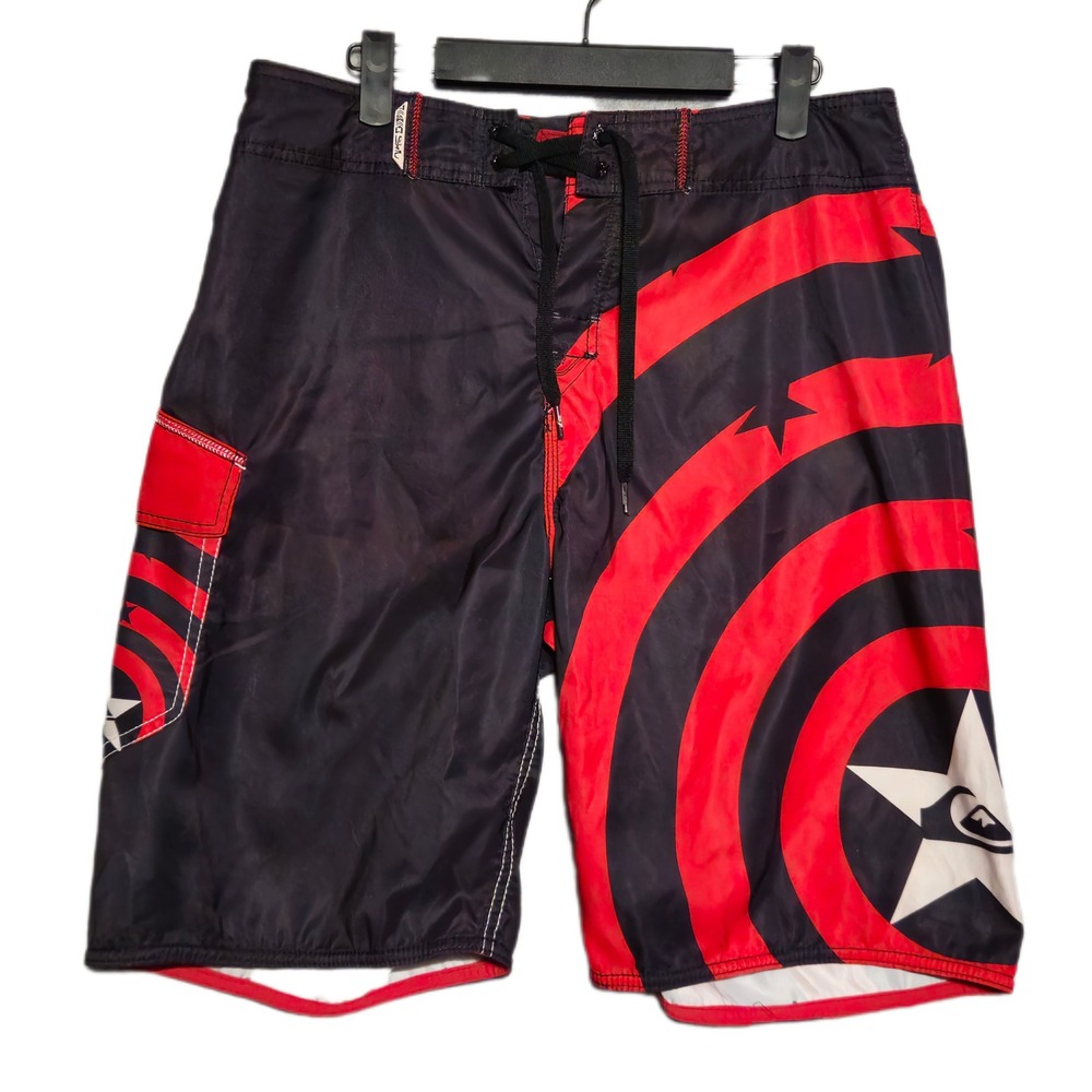 Quiksilver Board Shorts Mens 32 Black Red Star Swirl Graphic Surf Swim Trunks